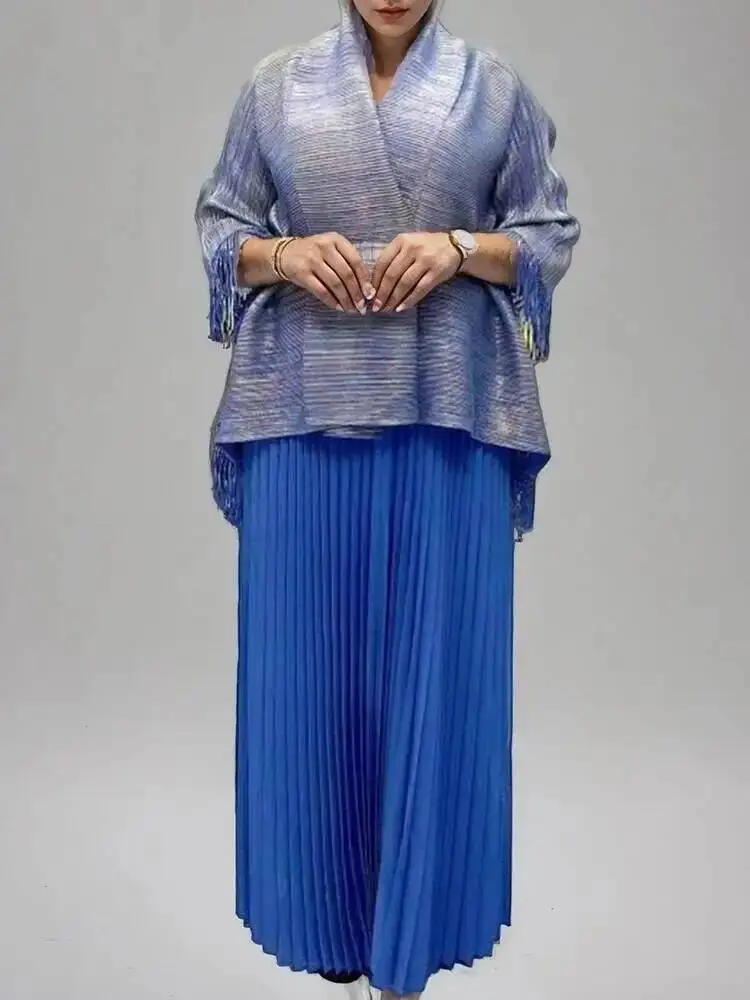 Pleated 2 Pieces Set Women Lapel Tassel Lace-up Tops + A Line Loose Skirt Festival Dresses New 2026 Clothing 17GTZ83