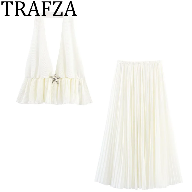 

TRAFZA Woman 2025 Skirts Set Halter Ruffle Backless Top+Pleat Chiffion Skirt 2 Piece Set Vacation Women's Suit Elegant Outfits