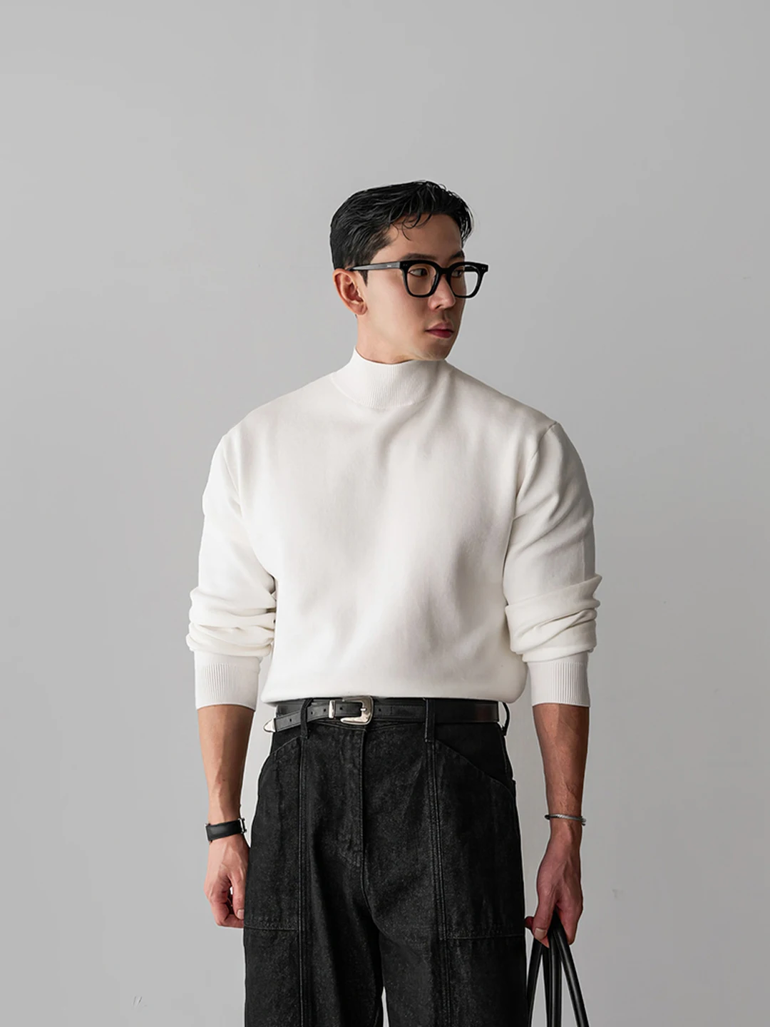 

White Elastic f High Collar Men's Thin Sweater Comfortable Skin-Friendly Slim Fit Base irt Knitted Wear Casual Sle