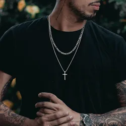 Vnox Mens Cross Necklaces, Stainless Steel Layered Plain Cross Pendant, Rope Box Chain Necklace, Simple Prayer Jesus Collar