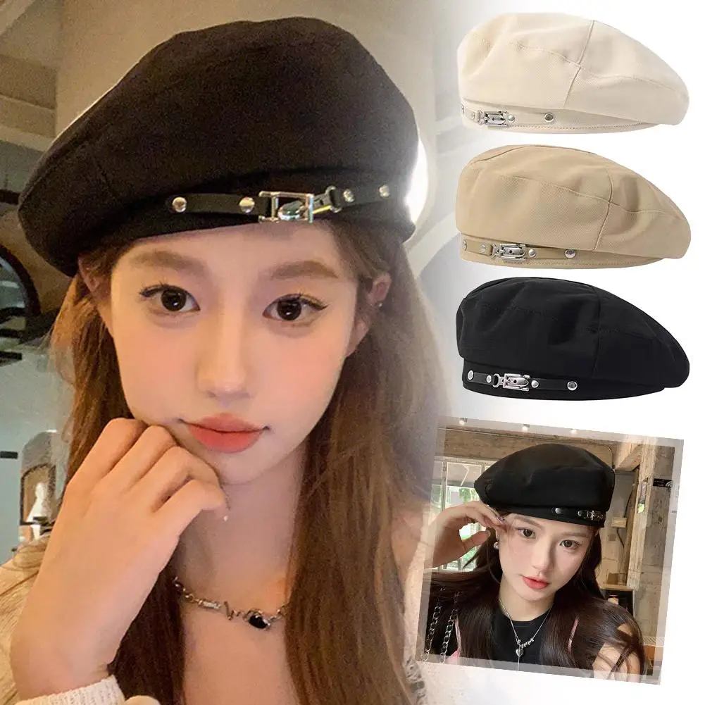 Metal Buckle Beret Female British Retro Casual Painter Bud Hat Hat Face Niche Trend Small Display F9b3