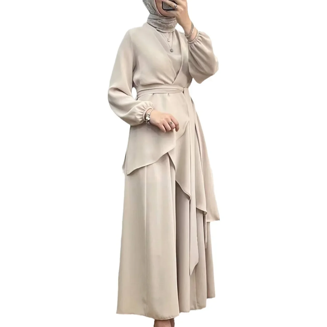 Muslim Two Piece Women Modest Set Top Lace Up Wide Leg Pants Suit Ramadan Morocco Dubai Islam Casual Ensemble Arabic Outfits