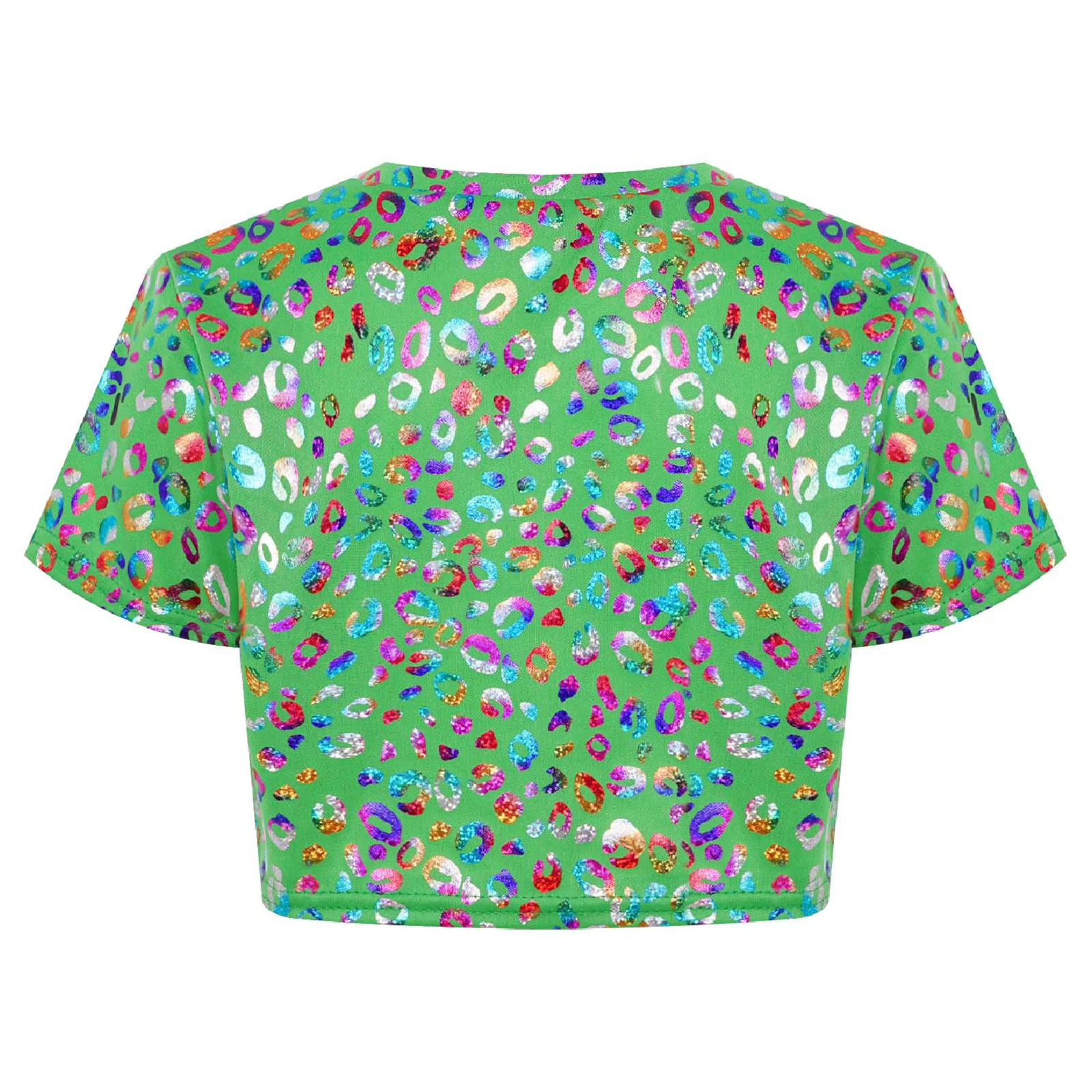 เด็กผู้หญิงเสื้อยืดเชียร์ลีดเดอร์เต้นรํา Crop Top เสือดาวพิมพ์เมทัลลิครอบคอเสื้อแขนสั้นเต้นรําเครื่องแต่งกาย