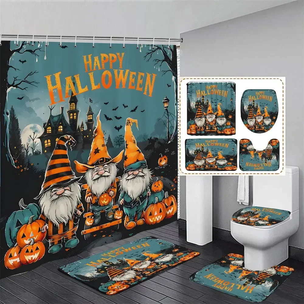 

Happy Halloween Pumpkin Elf Shower Curtain and Rug Bathroom Full Set Night Bat Shower Curtain 2 Bath Mats Bathroom Decor