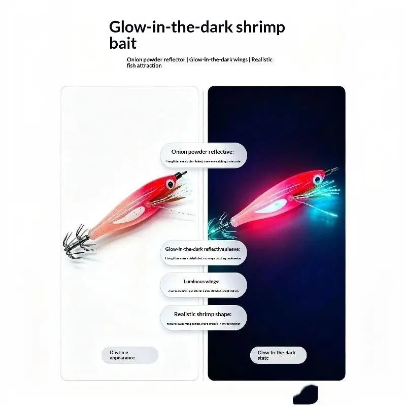 6g/80mm Luminous Wooden Shrimp Squid EGI Jigging Lure Octopus Shrimp Floating Sutte Squid Jig Lure Bait Japan Hook