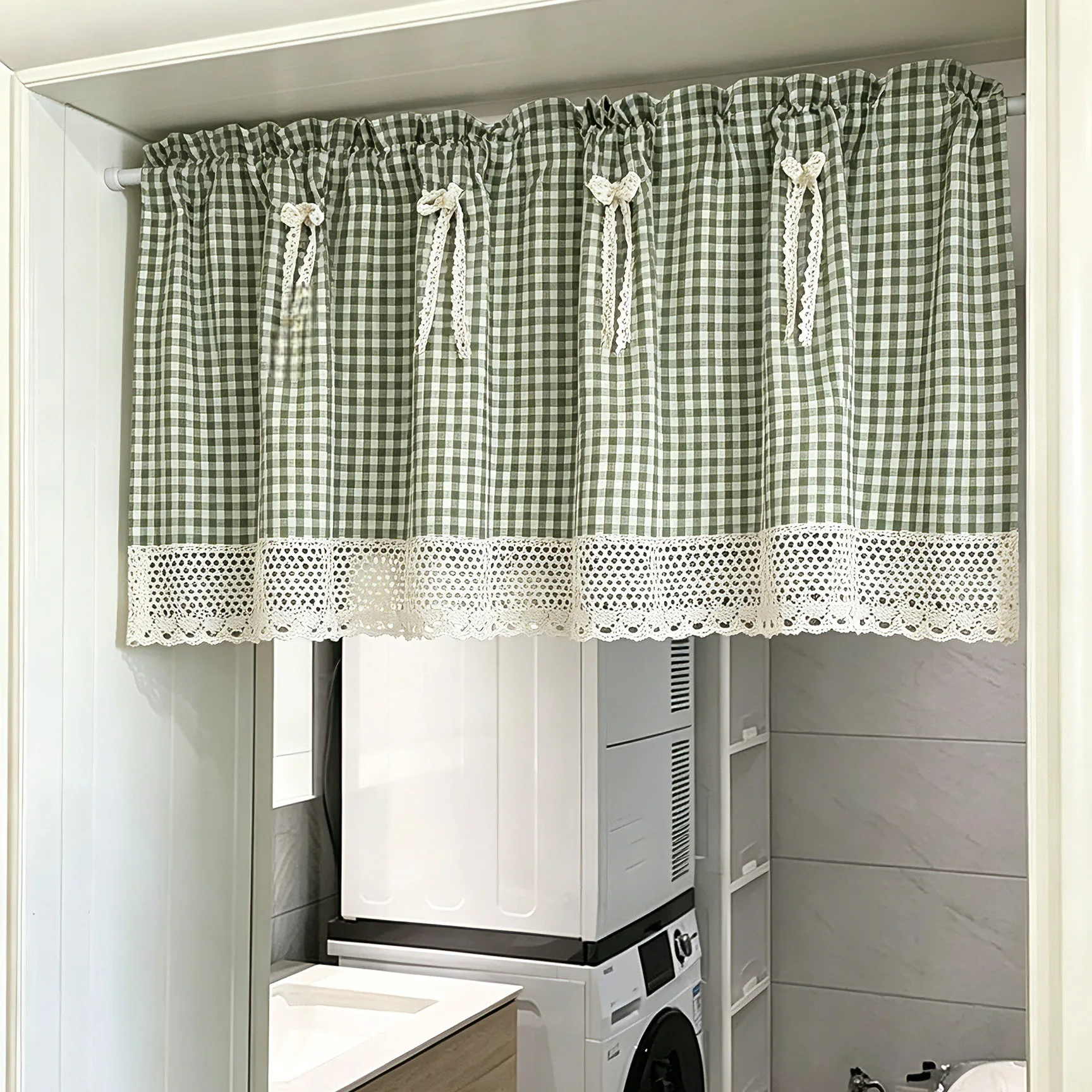 1PC American Country-Style Two-Tone Plaid Short Curtain,Crochet Patchwork Design Small Curtian For Window,Cabinet,Door,Kitchen