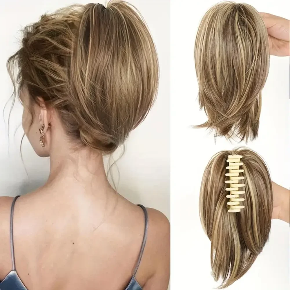 

8inch Synthetic Messy Bun Hair Piece Claw Clip in Hair Buns Piece Straight Short High Ponytail Extension Tousled Updo for Women