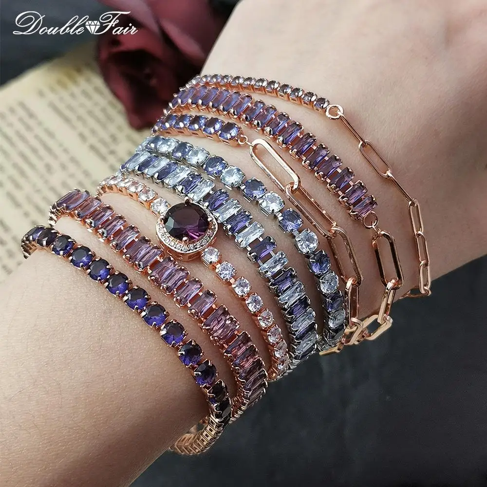 Trendy Adjustable Folding Buckle Purple Zirconia Crystal Tennis Bracelets for Women Dainty Hand Chain Gifts for Female Jewelry