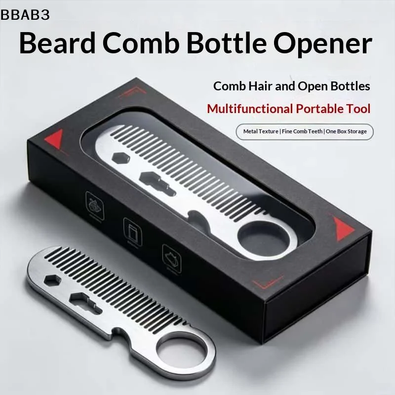 【B】Multifunctional Stainless Steel Comb Beard Hair Styling Portable Mini, Durable with Bottle Opener Multi-Use Travel Tool