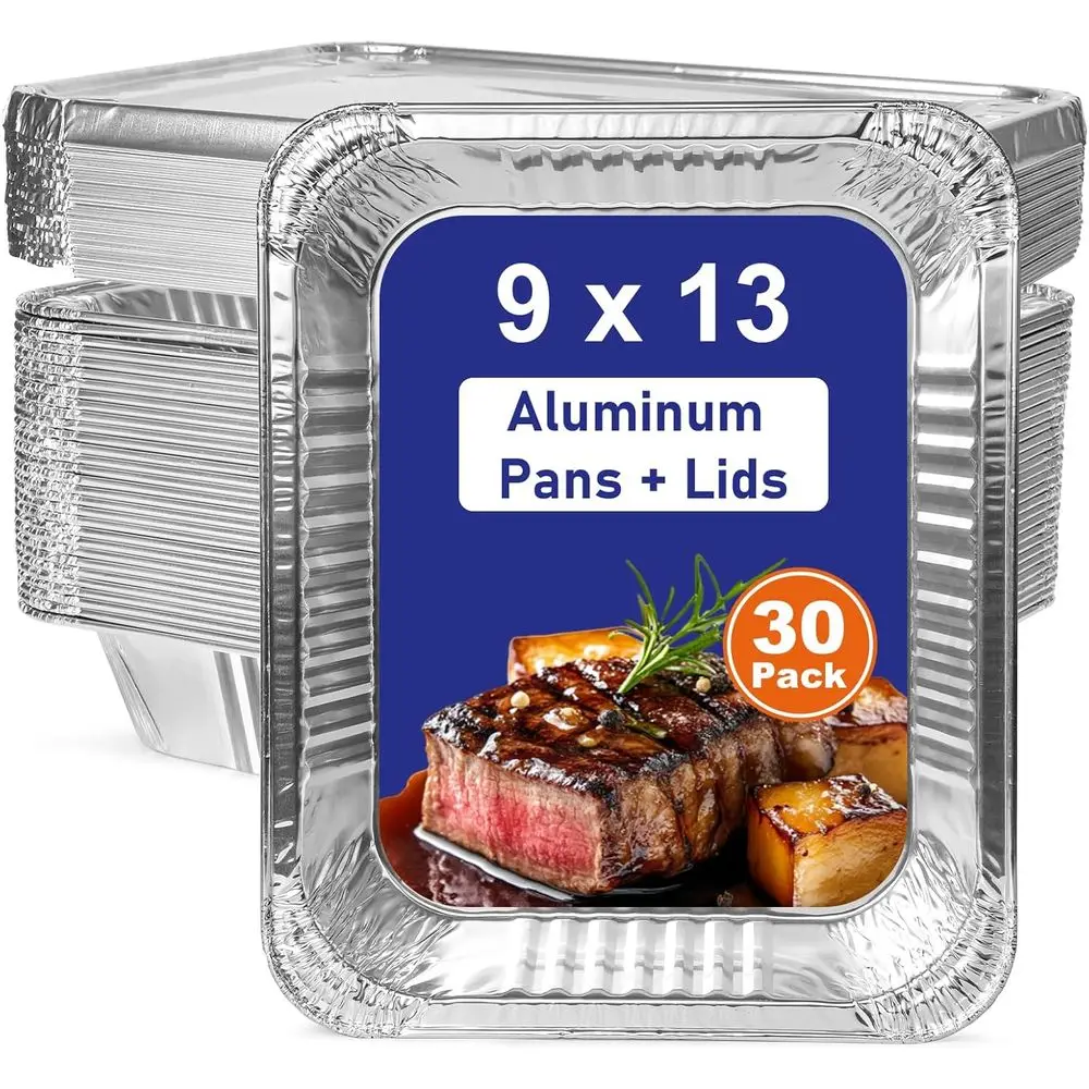 

30-Count Heavy-Duty 9x13 Aluminum Foil Pans with Lids for Baking, Cooking, and Roasting