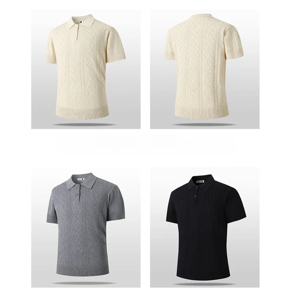 Preppy Daily Men Wear Hollow Cable Knit Short Sleeve Polo Top Lapel Collar Half Button Placket Ribbed Hem Knitted Causal Shirt