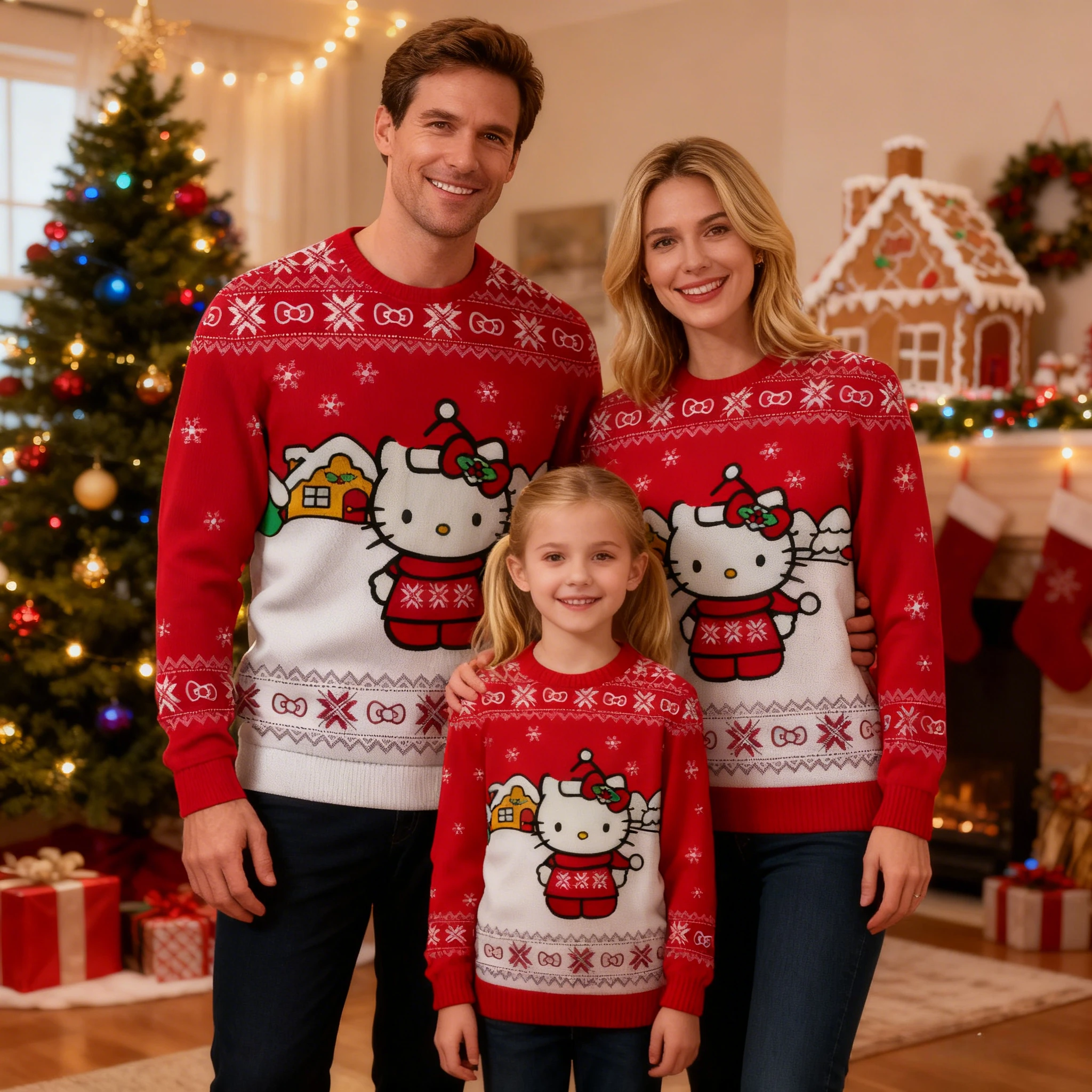 2026 سترة عيد الميلاد القبيحة الجديدة مع نمط مرحبا كيتي رائجة البيع عالية الجودة ملابس منزلية غير رسمية سترة الوالدين والطفل #1