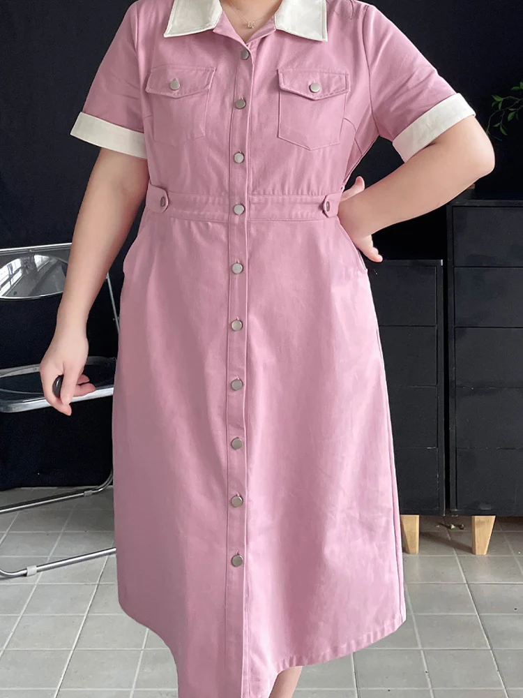 

plus Size Denim A-Line Dr Waist-Cinching Midi Length Super Slimming Meat Concealing Korean Sle Commute Resin Color Faste...