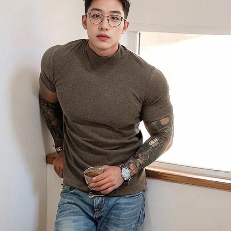 Summer Men Short Sleeve Cotton t-Shirts Half High Collar t Shirt Man Sport Running Tee Shirts Slim Casual Gym Tops Man Clothes