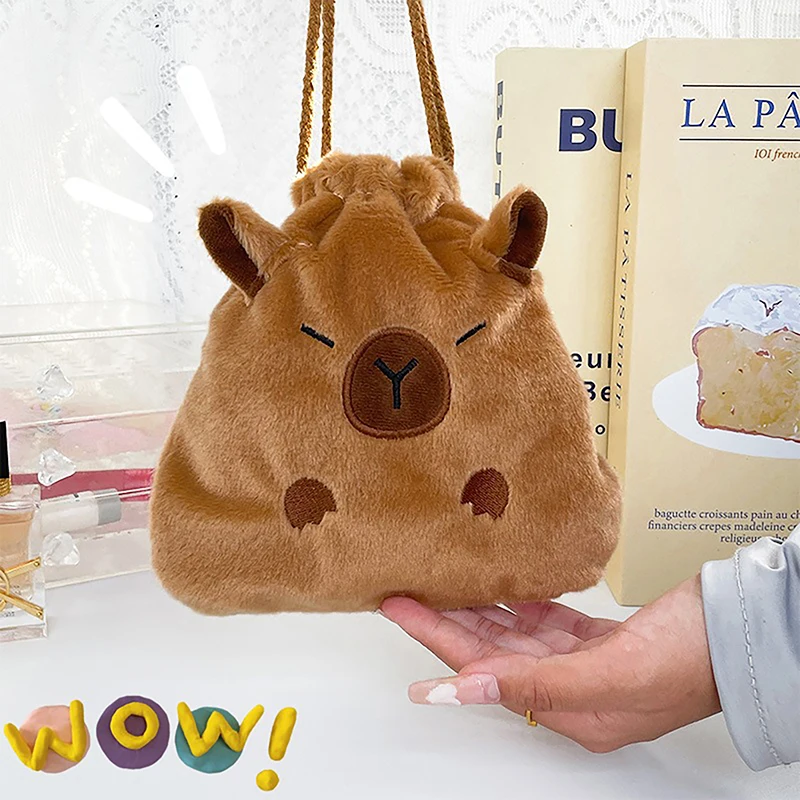 

New Capybara Plush Porpoise Drawstring Bundle Pocket Portable Plush Bag Large Capacity Handbag Casual Lightweight Travel Pouch