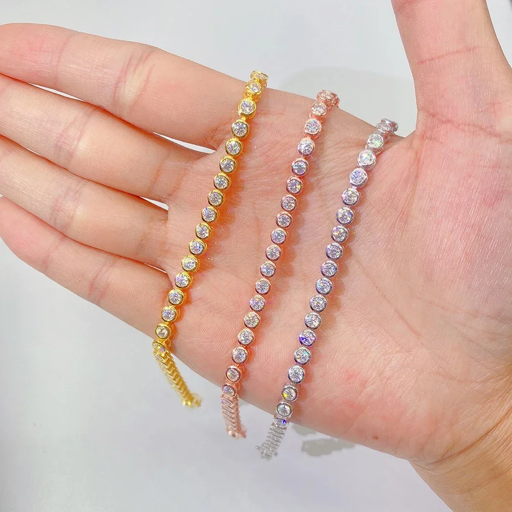 2mm Round Bubble Style Full Lab Created Moissanite Tennis Bracelet 925 Sterling Silver 18K Gold Plated Hip Hop Jewelry For Women & Men