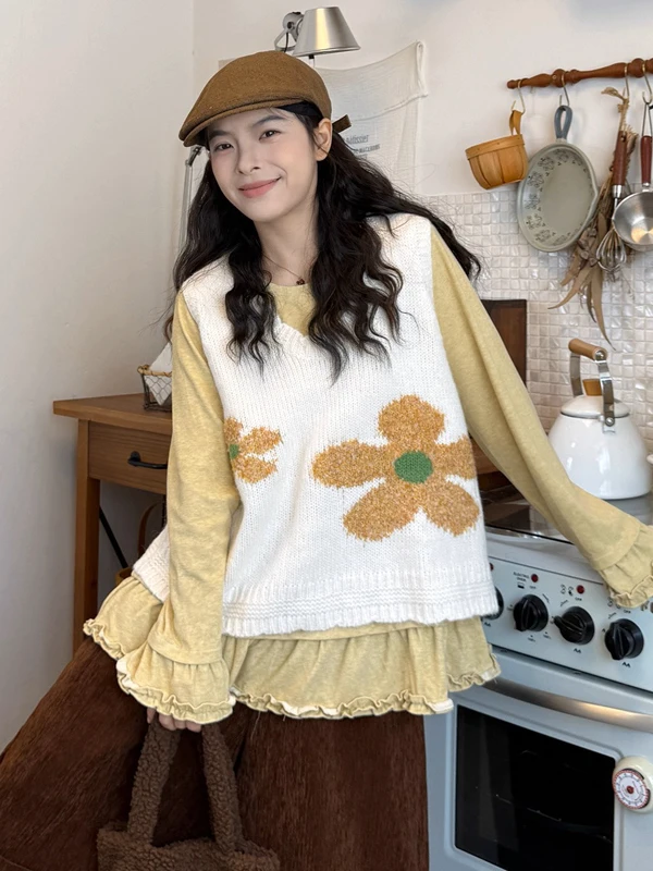 

Модный Желтый Вязаный Жилет с Цветочным Узором Женский Ретро-стиль Осень-Зима Новинка Теплый Укороченный с Круглым Вырезом Без Рукавов