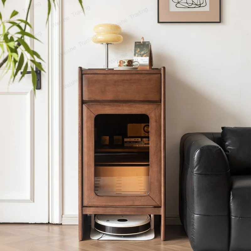 Sweeping storage base station cabinet Solid wood storage Black walnut removable living room sofa side cabinet