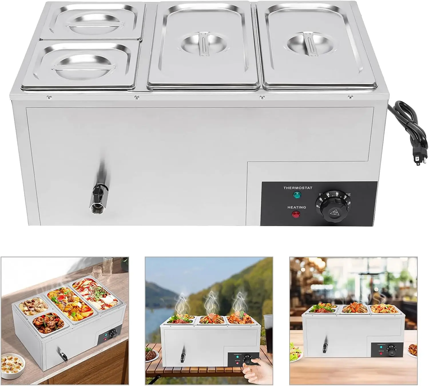 뷔페 음식 보온기, 대용량 4팬(7.4Qt+3.2Qt) 스테인레스 스틸 850W 전기 조리대 스팀 테이블(자동 온도 조절 기능 포함)