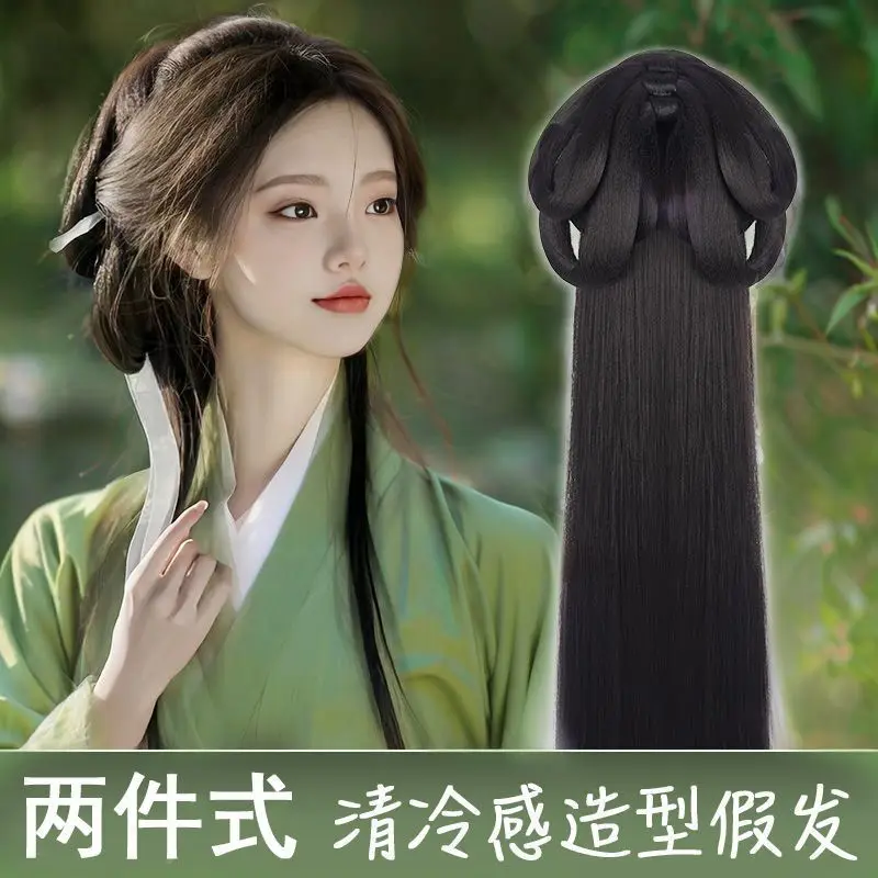ชุดวิกผมจีนแบบดั้งเดิม - วิกผม Hanfu เต็มรูปแบบพร้อมบุญในตัวและที่คาดผมตกแต่งวิกผม Hanfu ที่สมบูรณ์แบบ