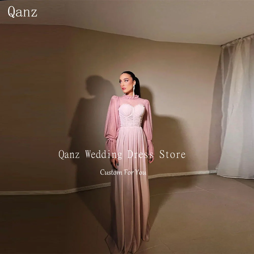 

Qanz Elegant Pink Prom Dress Chiffon Slit Long Puff Sleeves Dot Net Dresses For Wedding Guests Floor Lenth Party Gown Customized