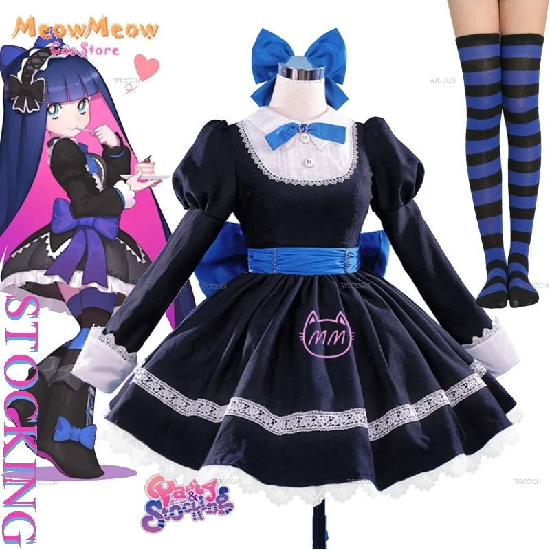 Panty & Stocking With Garterbelt Younger Sister Anarchy Stocking Cosplay Costume Gothic Maid Lolita Dress Wig Long Socks