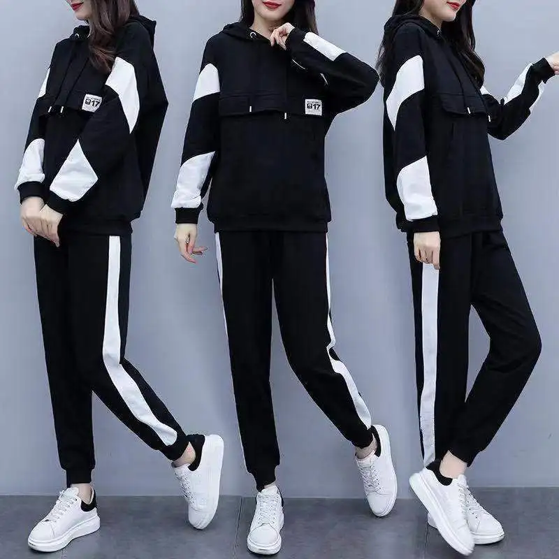 Tamanho grande moda feminina terno esportivo 2024 primavera e outono novo estilo moda solta casual manga comprida conjunto de duas peças