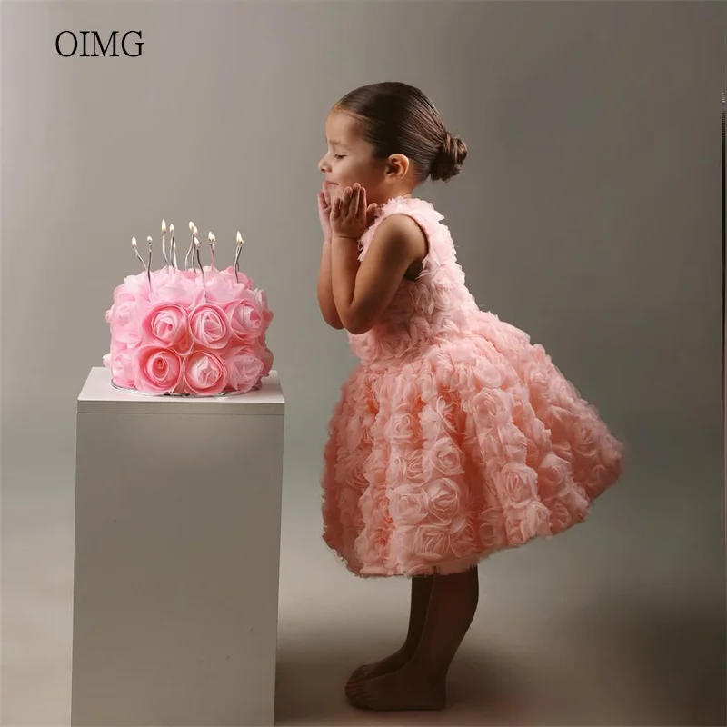

OIMG Cute Pink A Line Flower Girl Dresses Sleeveless Wedding Party Dress Knee Length Birthday Dress Vestido de niña Customized