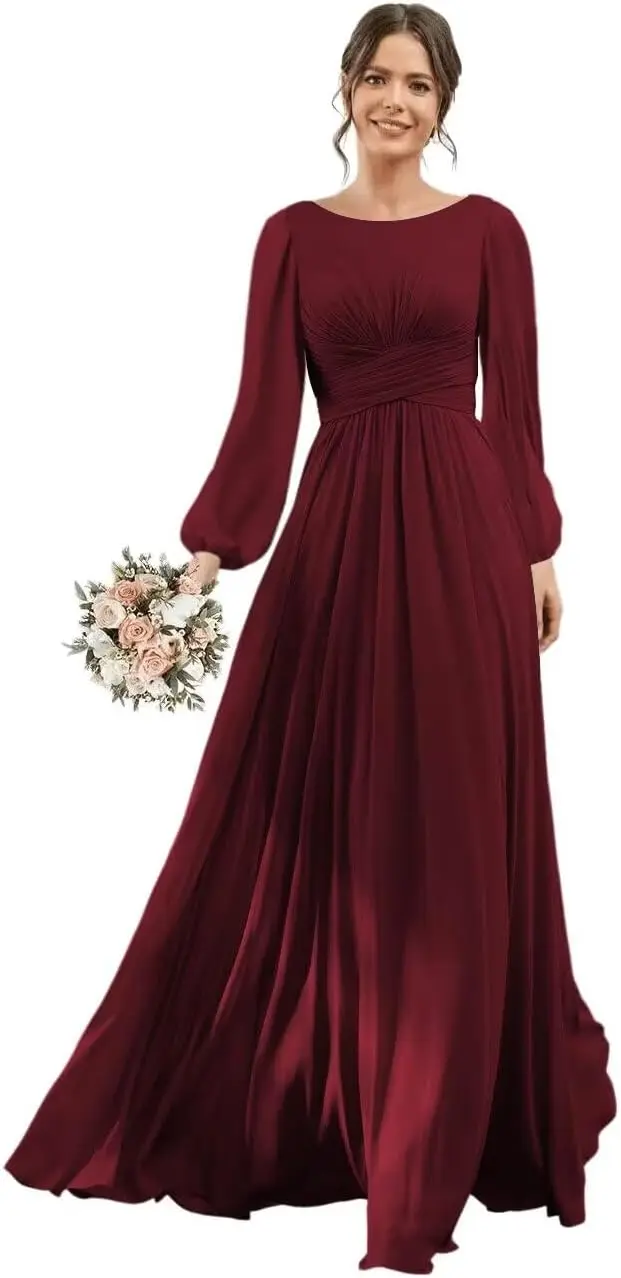 Robe de demoiselle d'honneur à manches longues et col rond, avec poches, longue en mousseline de soie, robes de soirée formelles avec fente, robe formelle élégante pour femmes