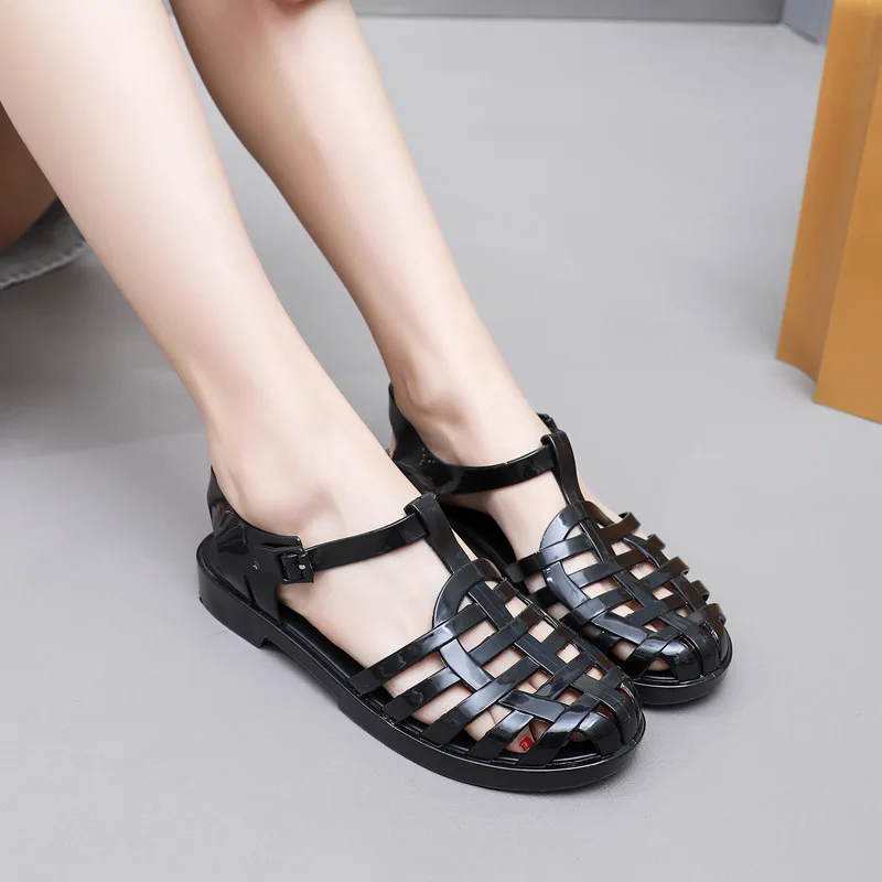 Summer Women Hollow-Out Roman Jelly Crystal Sandals Adult Flat Soft-Soled Vacation Beach Shoes Lady Vintage Garden Casual Shoes