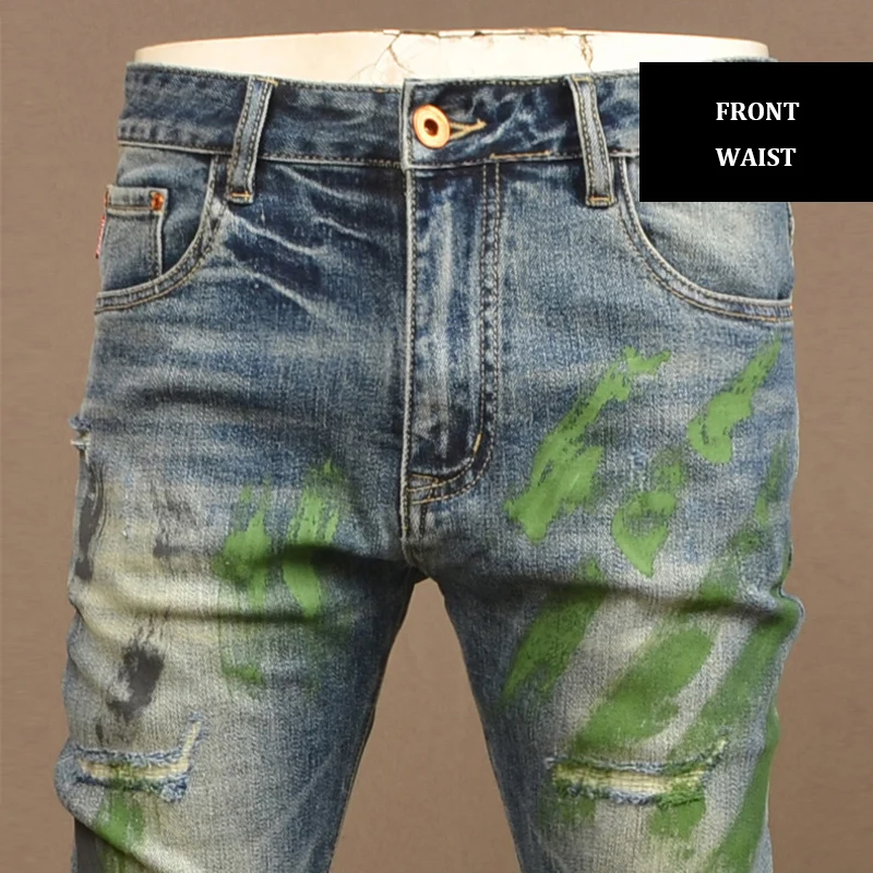 Y2kstreet-pantalones vaqueros de moda para hombre, Vaqueros elásticos pintados, ajustados, color azul lavado, estilo hip-hop, retro, para hombre