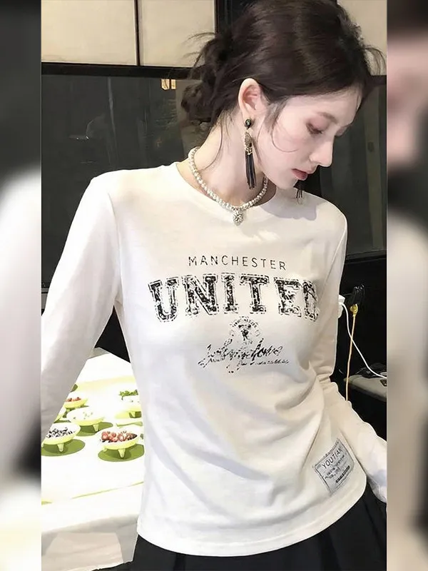 

Женская футболка больших размеров с длинным рукавом и принтом, белая, весна 2026, новая коллекция, корейский стиль, универсальный топ для похудения, для повседневной носки