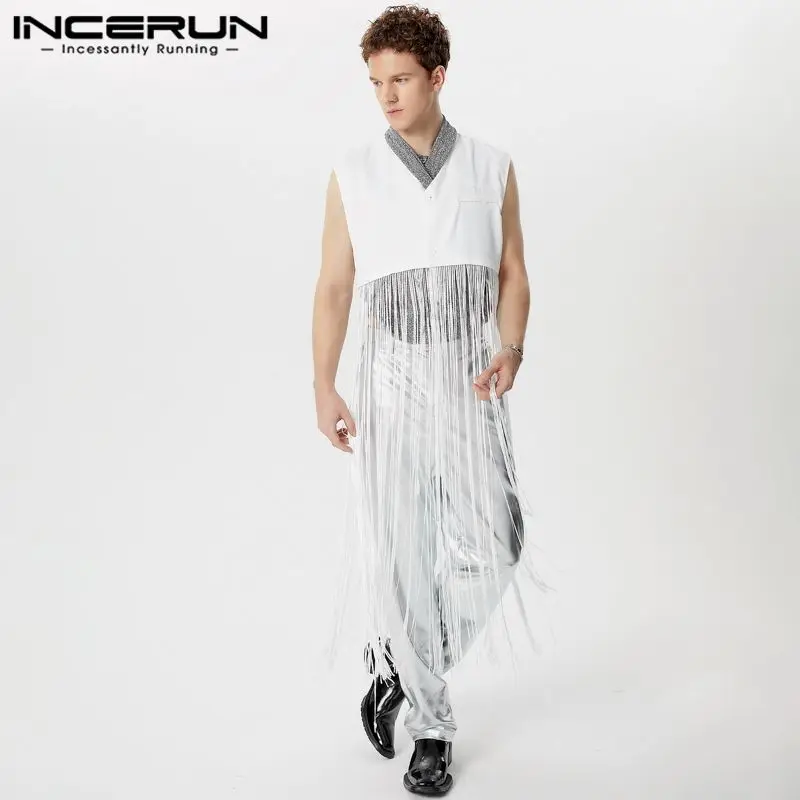 INCERUN Men Vests Tassel Patchwork V Neck Sleeveless Button Casual Male Waistcoats Streetwear Personality 2024 Fashion Vests