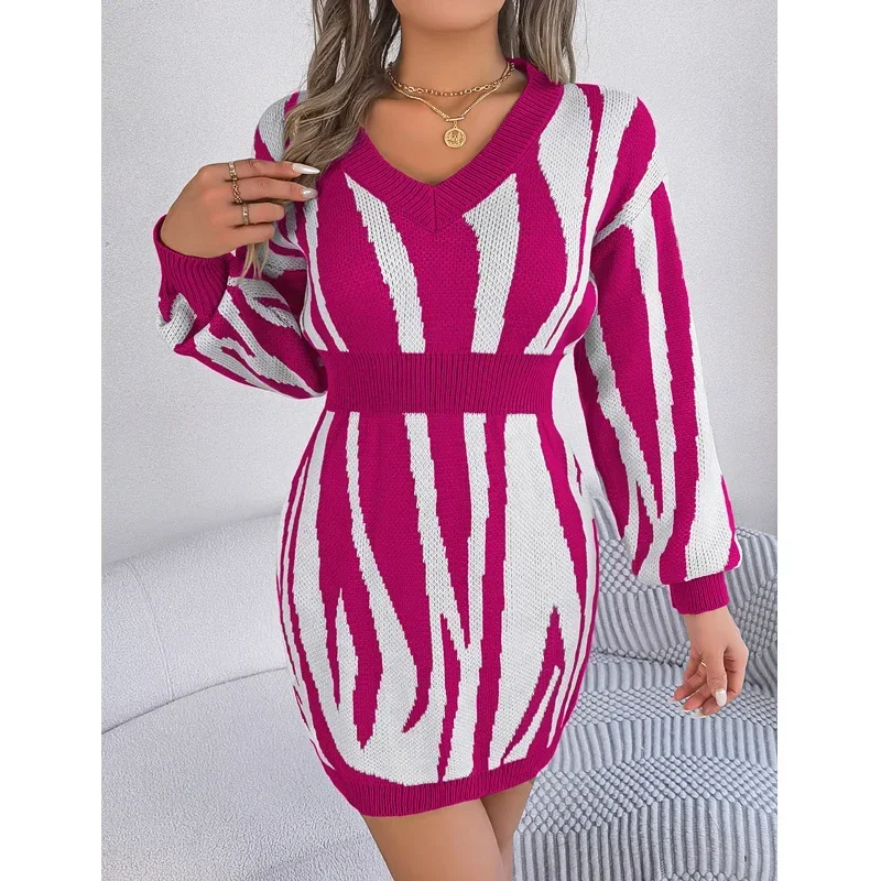 Elegant V-Neck Lantern Sleeve Sweaters Dress Fashion Zebra Striped Knit Dresses Women Long Sleeve Casual Clothes Vestidos 30283