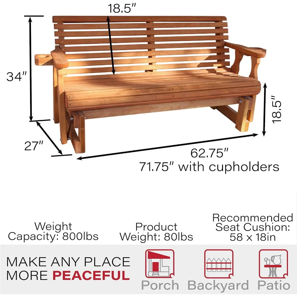 

Hot Sale, Heavy Duty 800 Lb Roll Back Pressure Treated Porch Glider With Cupholders (5 Foot, Cedar Stain)