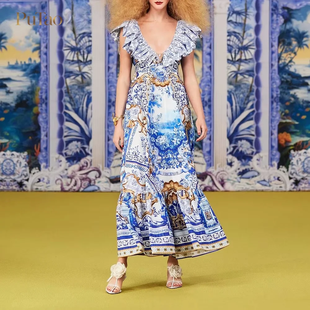 Putao Baroque Print Maxi Dress Deep V Neck Ruffle Cap Sleeve Flowy Tiered Long Gown Women Vacation Beach Party Cocktail Dresses