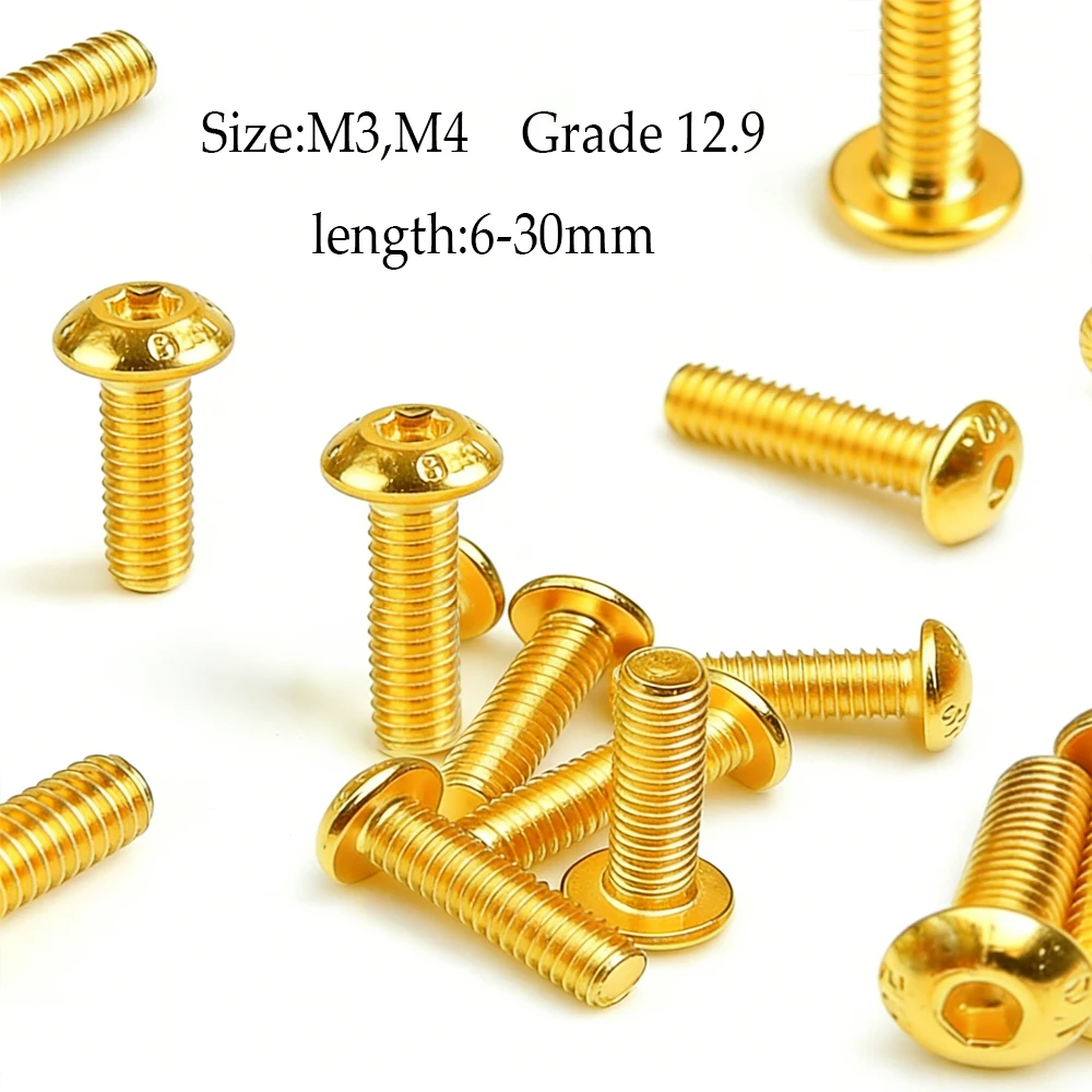 

10pcs M3 M4 12.9 Grade Golds Alloy Steel Hex Screws, High Strength Button Head Socket Cap Bolt Fastener Hardware Kit