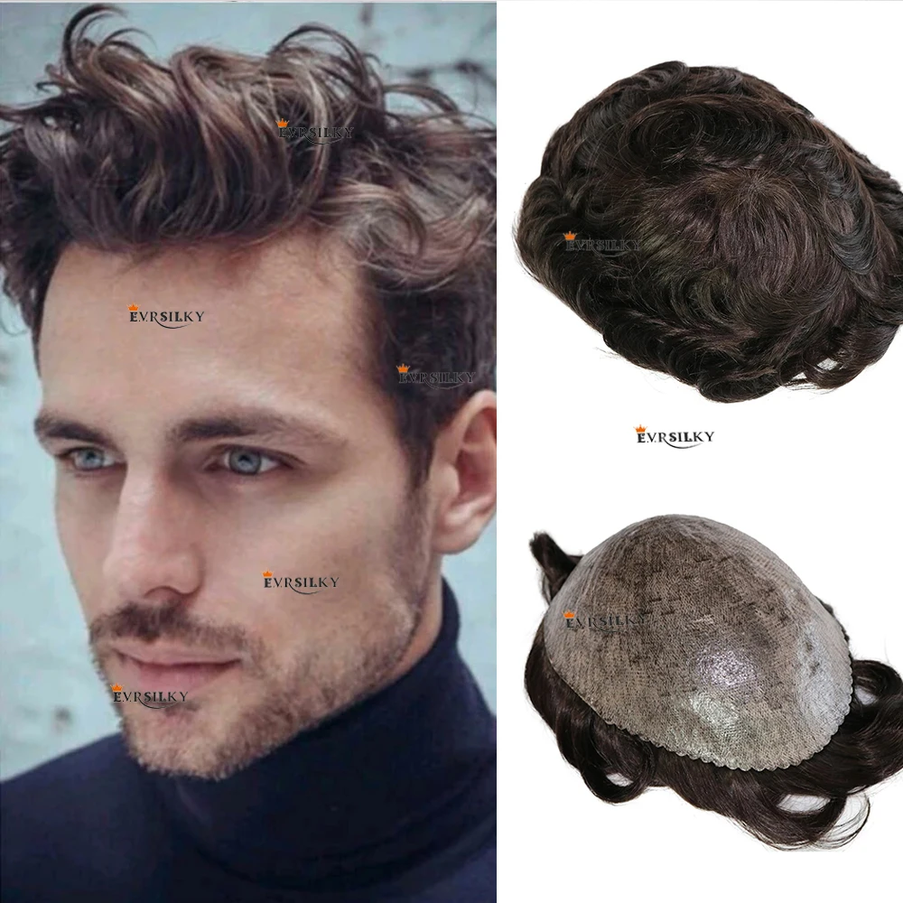 

100% Human Hair Men Toupee Natural Hairline Invisible Full Skin Pu Base Durable Thin Male Wigs Replacement Capillary Prosthesis