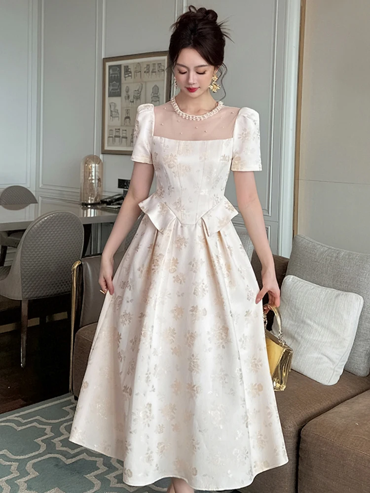 Women's French Luxury Noble Long Dress for Woman Sweet Sheer Mesh Splice Pearl Swing Robe Pockets Prom Party Vestidos Banquet