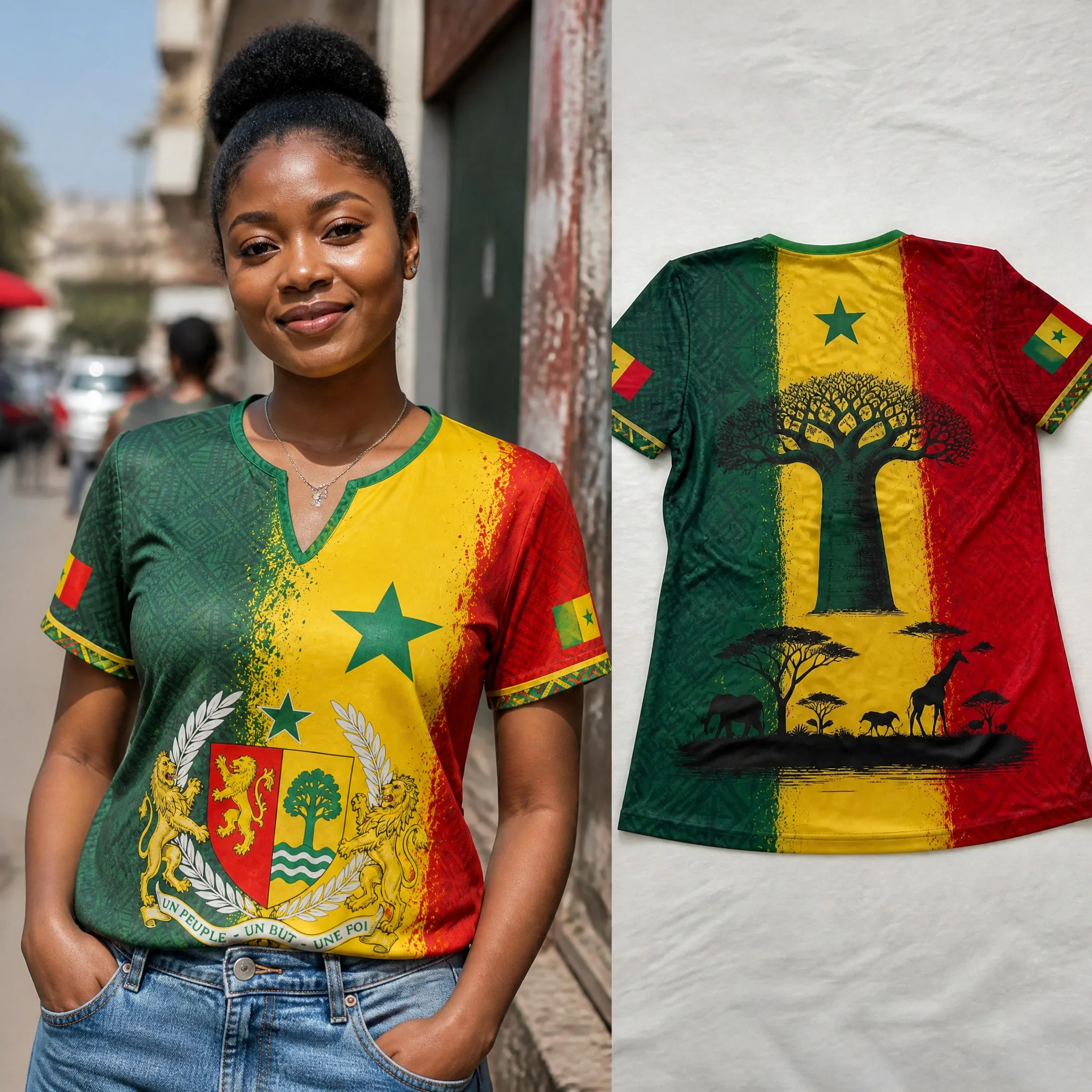 Womens Senegal Small V Neck T Shirt Green Yellow Star Crest Tree Print Short Sleeve Summer Casual Heritage Daily Streetwear Tees