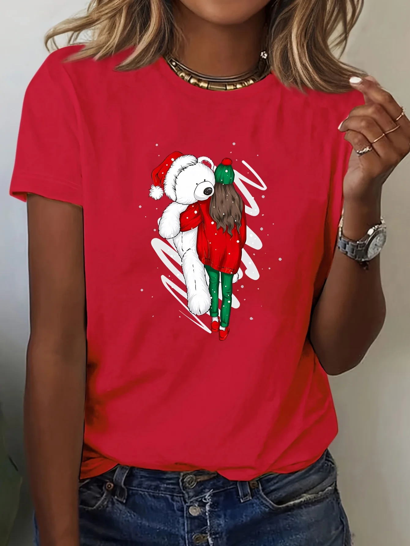 Christmas Bear Hug Print T-Shirt for Women Fashionable Short Sleeve Crew Neck Top with Festive Young Style Casual Pullover