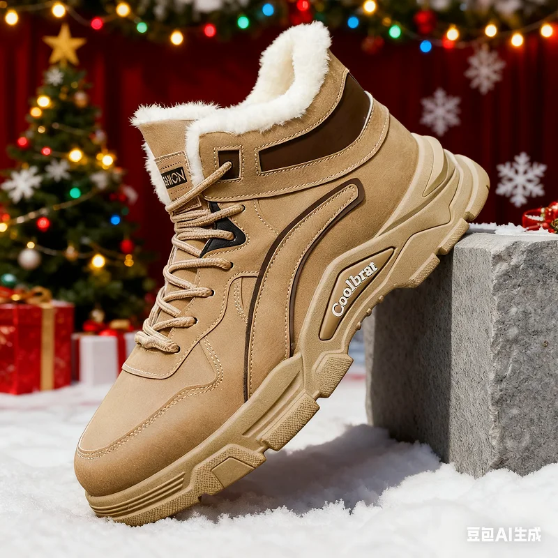 Venda de Natal: Botas de neve masculinas, sapatos quentes promocionais de inverno forrados de lã e engrossados para acampamento ao ar livre, pesca e caça