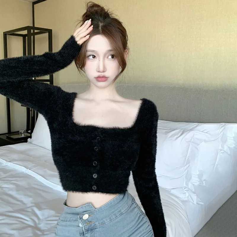 Women's Cropped Cardigan Sweaters Female Slim Expose Navel Plush Top Solid Color Square Neck Long Sleeves Cardigan Knitted Top