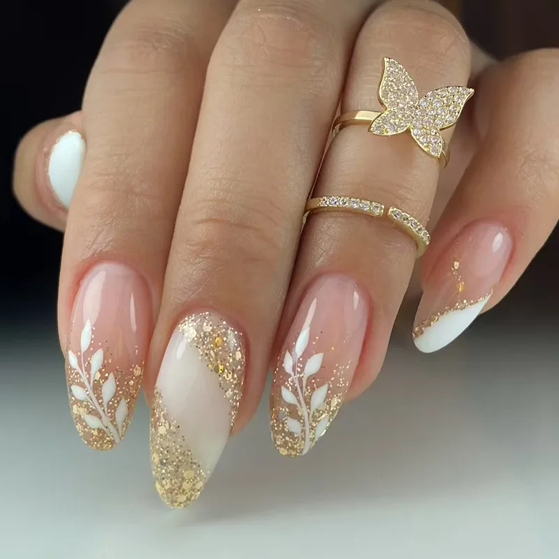 

24pcs Glitter French Press-On Nails-Hand-Painted Leaf Design Medium Square Shape (Multi Sizes) Diagonal Tips Bridal Shower Nails