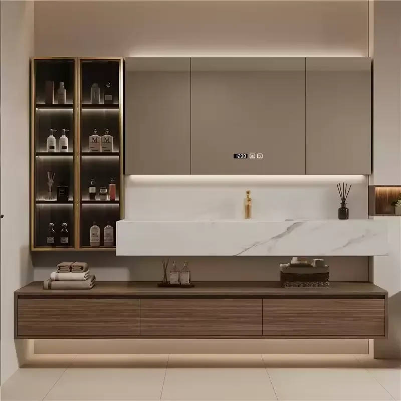 Customizable Light Hotel Style Wall-Mounted Bathroom Cabinet Solid Wood Multilayer Rock Slab Intelligent Mirror