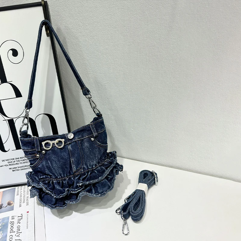 

Fashionable Skirt-style Denim Bag New Denim Canvas Bags Trendy And Simple Shoulder Bags Ruffled Skirt-hem Women's Crossbody Bags