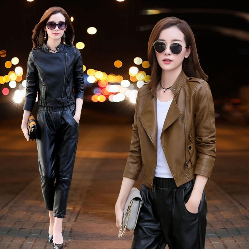 New Women Fashion Zipper Motorcycle Coat Short Faux Leather Biker Soft Casual Pu Jacket Female