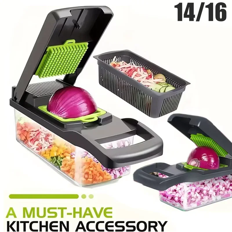 

14/16pcs Multifunctional Vegetable Slicer Cutter Food Grade Shredder with Basket Fruit Potato Onion Mincer Chopper Carrot Grater