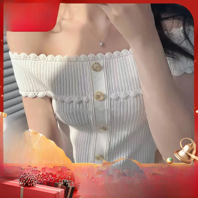 

Женский вязаный топ MaSande лето 2023 с оборками на плечах, однотонный, для повседневной носки, с цветочным кружевом