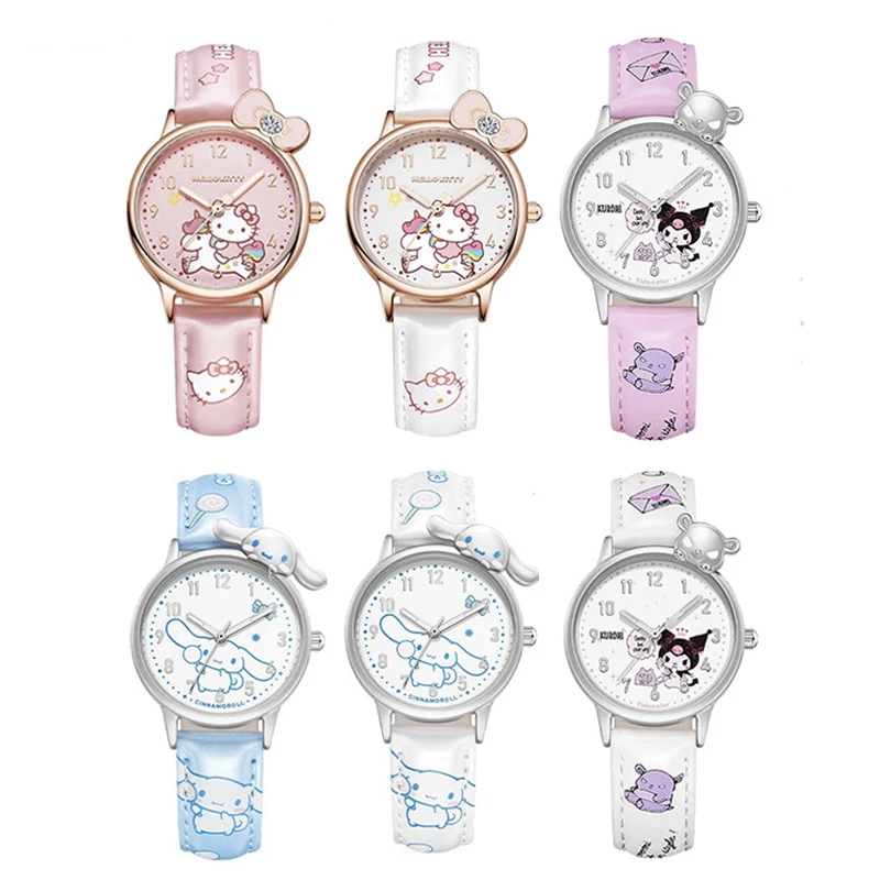 Miniso Anime Cartoon Sanrio Hello Kitty Kuromi Cinnamoroll Round Waterproof Quartz Girls Watch Children Leather Belt Watch Gifts